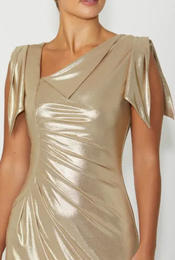 Hebe | Gold Navy Amethyst Black Asymmetrical Neckline Midi Metallic Jersey Mother Of The Bride/Groom Dress | ANTHEA CRAWFORD