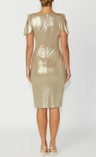 Hebe | Gold Navy Amethyst Black Asymmetrical Neckline Midi Metallic Jersey Mother Of The Bride/Groom Dress | ANTHEA CRAWFORD