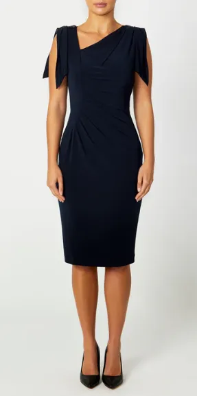 Hebe | Gold Navy Amethyst Black Asymmetrical Neckline Midi Metallic Jersey Mother Of The Bride/Groom Dress | ANTHEA CRAWFORD