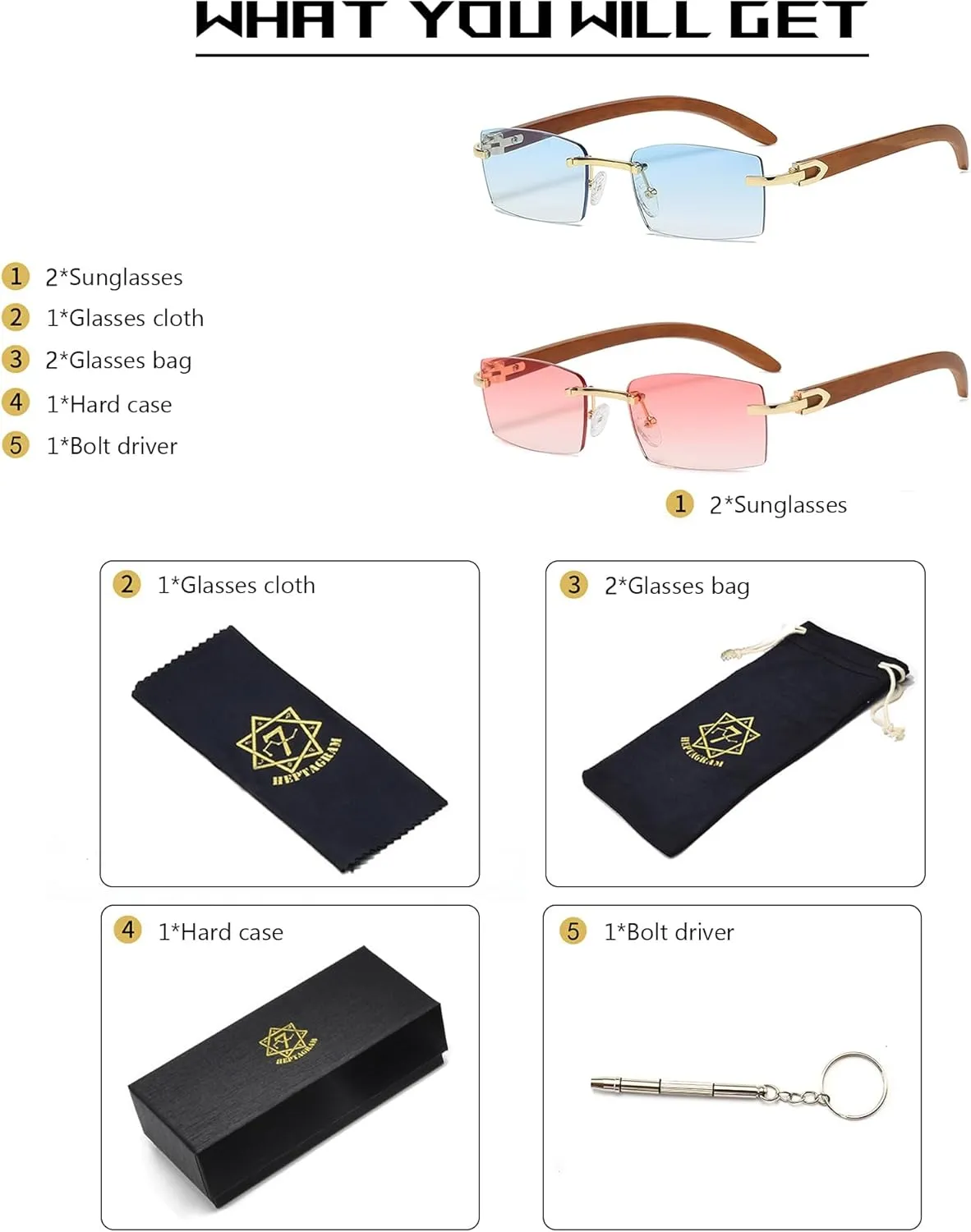 Heptagram Rectangle Fashion Rimless Sunglasses for Women Men Gangster 90s Frameless Shades Retro Vintage Trendy Eyewear