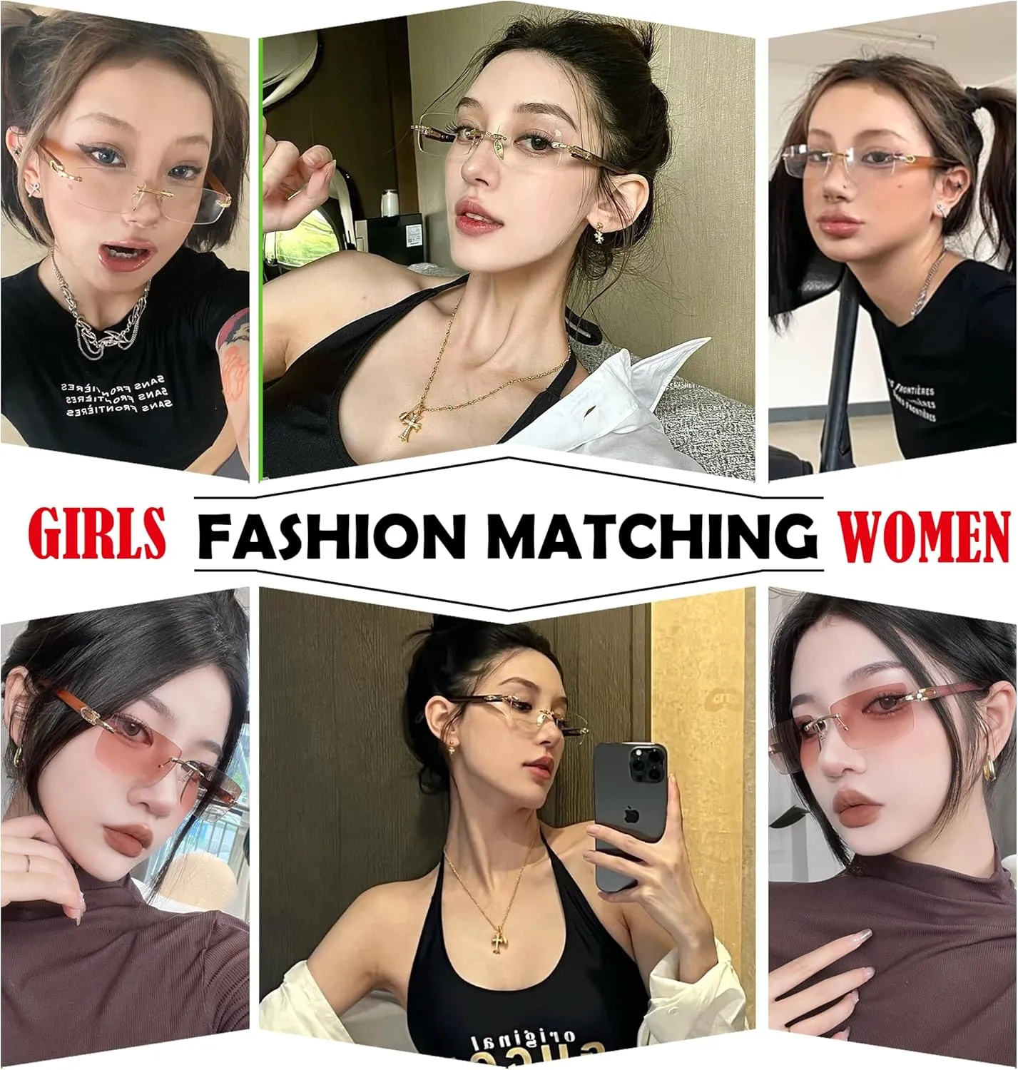 Heptagram Rectangle Fashion Rimless Sunglasses for Women Men Gangster 90s Frameless Shades Retro Vintage Trendy Eyewear