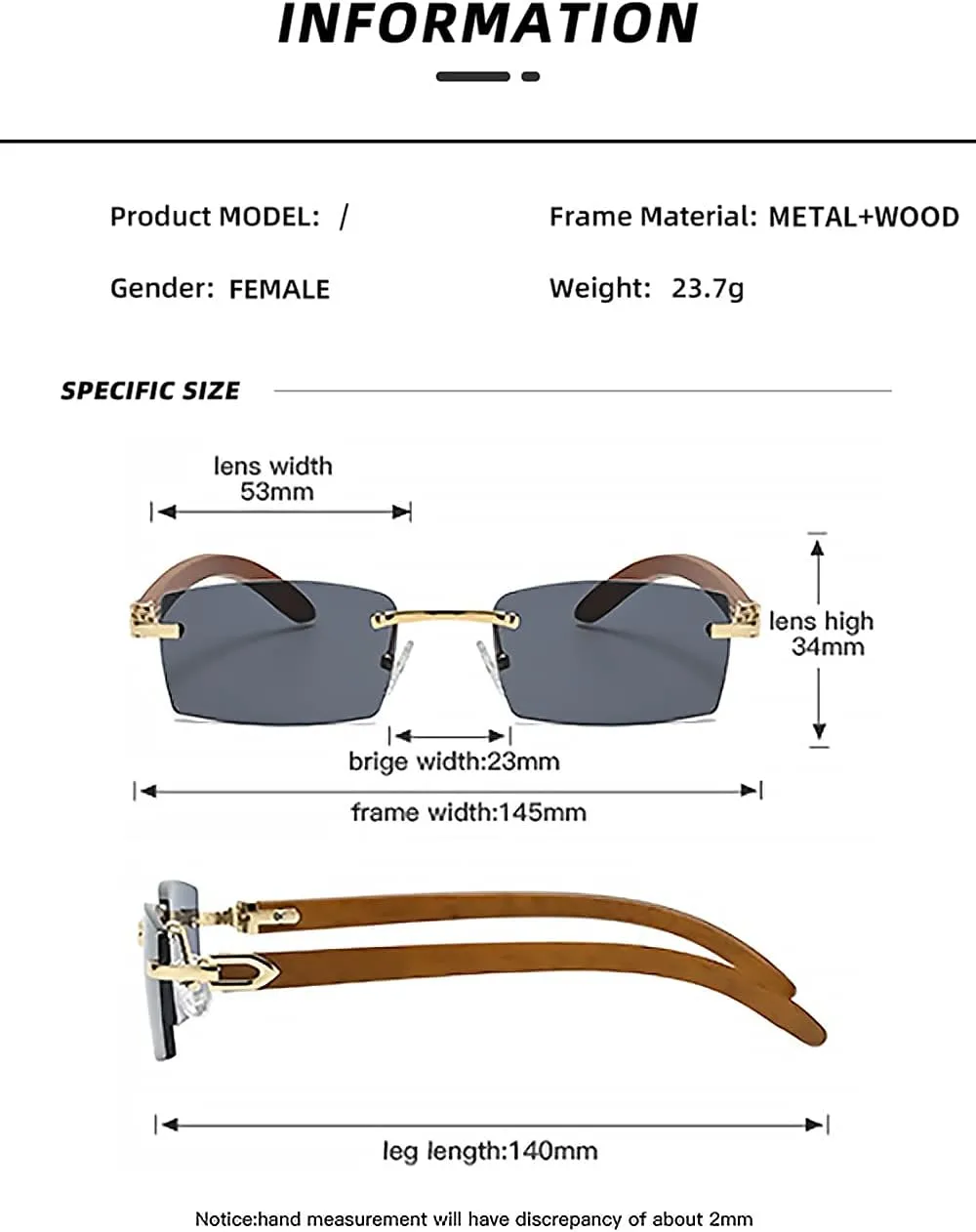 Heptagram Rectangle Fashion Rimless Sunglasses for Women Men Gangster 90s Frameless Shades Retro Vintage Trendy Eyewear