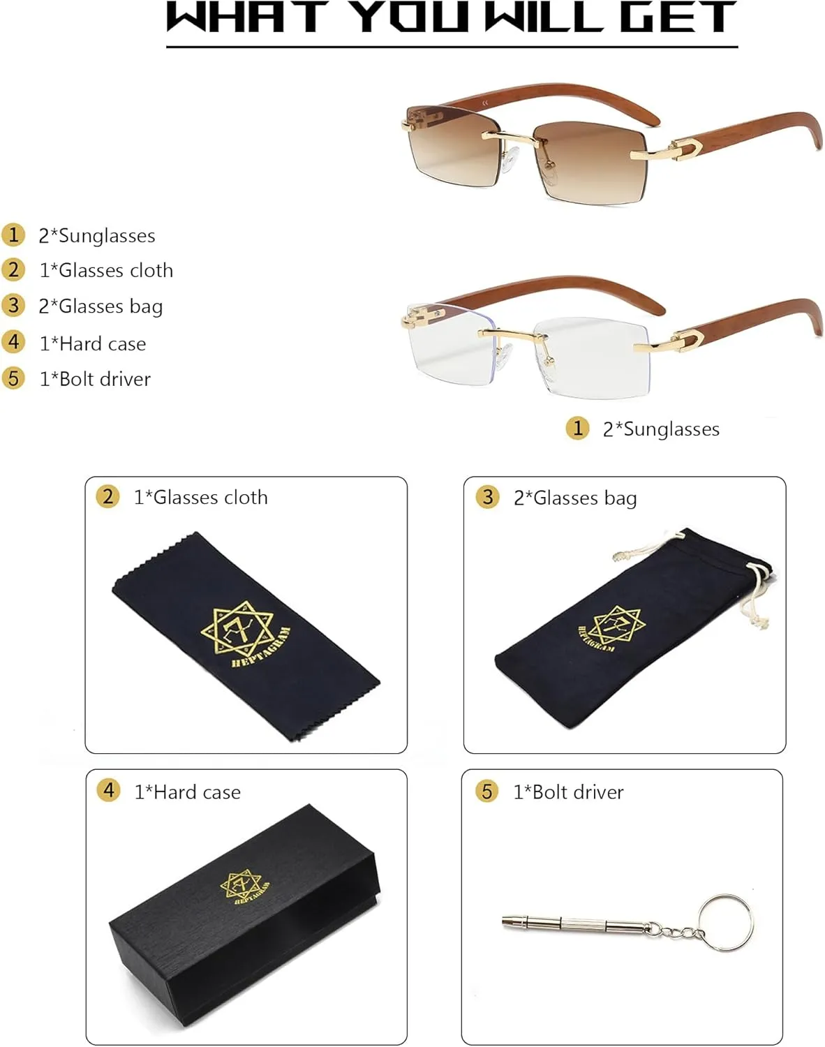 Heptagram Rectangle Fashion Rimless Sunglasses for Women Men Gangster 90s Frameless Shades Retro Vintage Trendy Eyewear