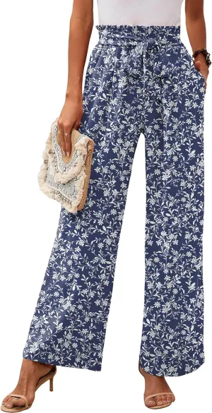 Heymoments Women's Wide Leg Lounge Pants with Pockets Lightweight High Waisted Adjustable Tie Knot Loose Trousers