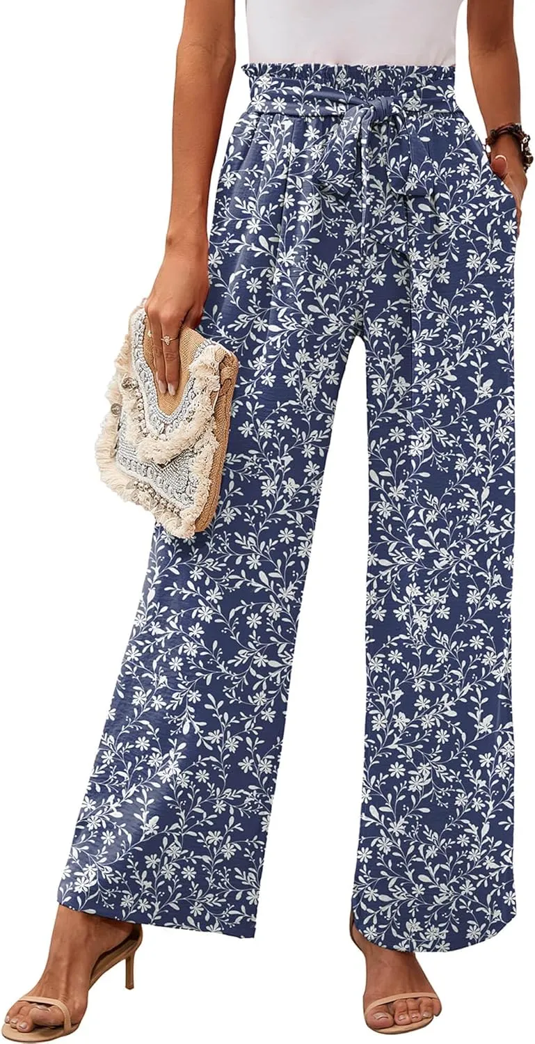 Heymoments Women's Wide Leg Lounge Pants with Pockets Lightweight High Waisted Adjustable Tie Knot Loose Trousers
