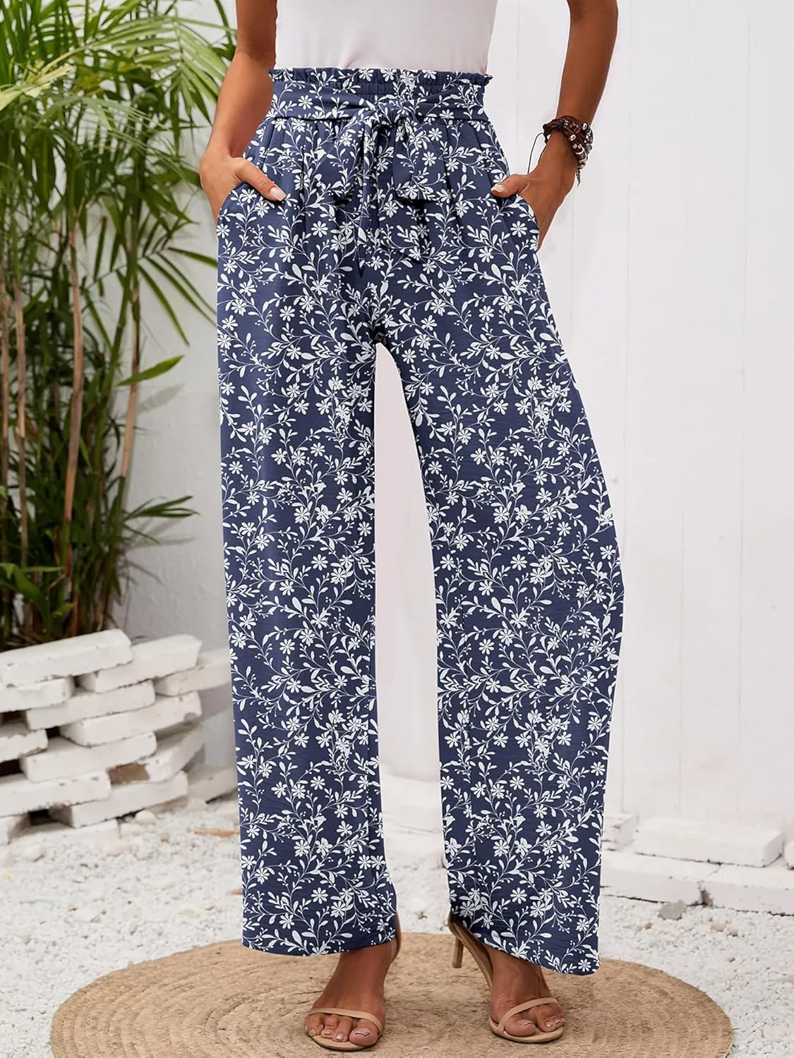 Heymoments Women's Wide Leg Lounge Pants with Pockets Lightweight High Waisted Adjustable Tie Knot Loose Trousers