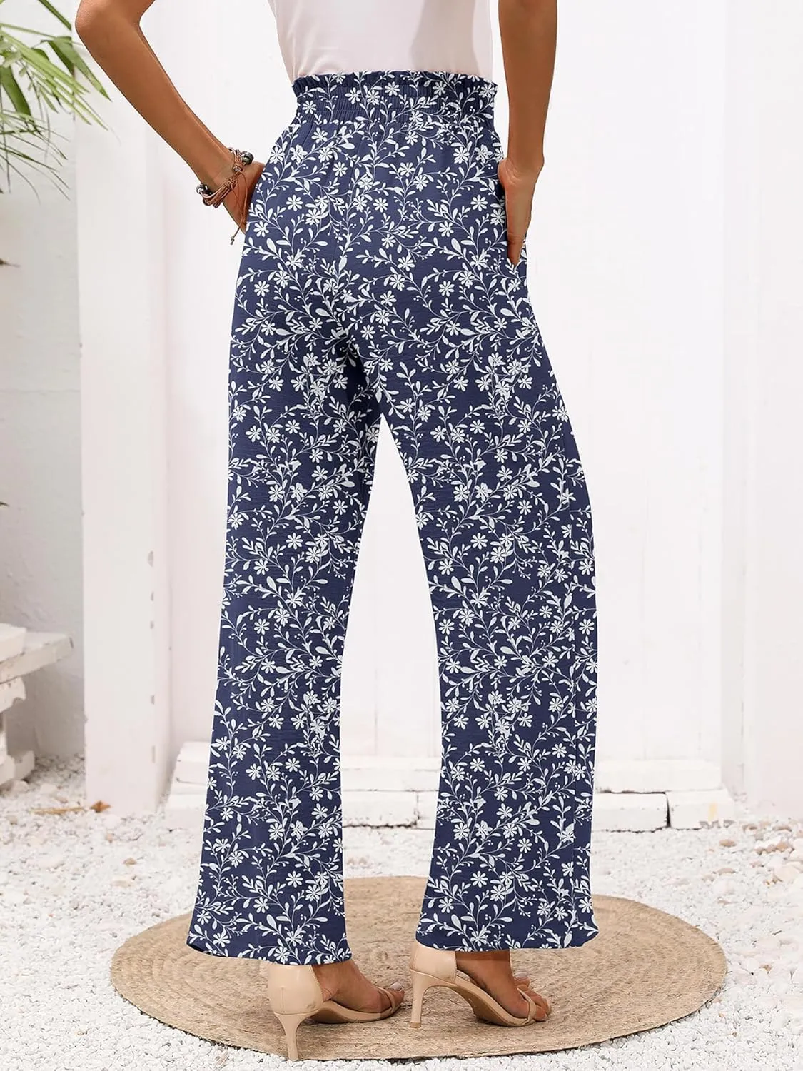 Heymoments Women's Wide Leg Lounge Pants with Pockets Lightweight High Waisted Adjustable Tie Knot Loose Trousers