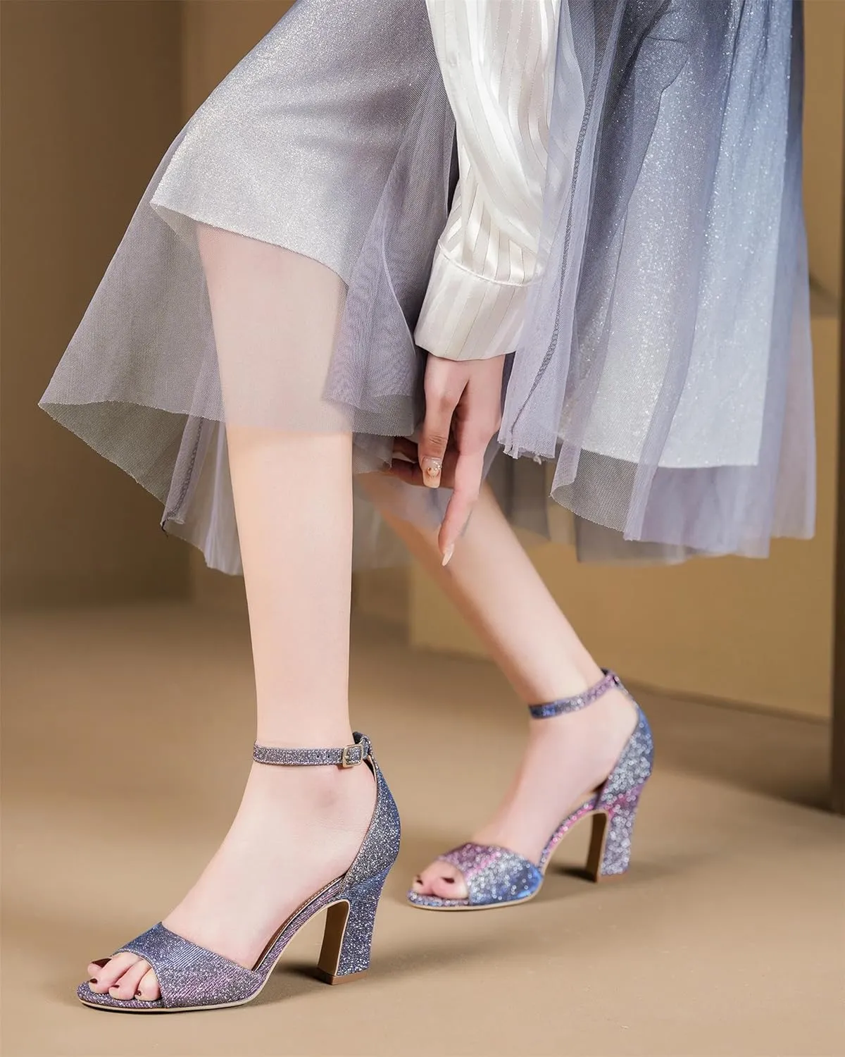HHTCAL Block Chunky Heels for Women Peep Open Toe Ankle Strap Strappy Heeled Sandals 3 inch Party Dress Wedding Shoes Bride Bridesmaid