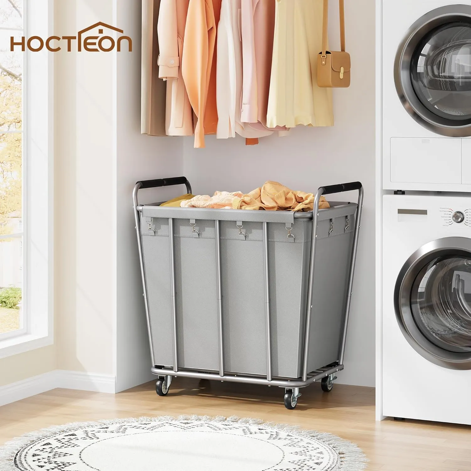 Hoctieon Large Laundry Cart with Wheels, 400L Heavy Duty Laundry Basket Organizer, Rolling Hamper Sorter for Clothes Storage, Industrial Dirty Clothes Hamper for Home & Hotel, Gray