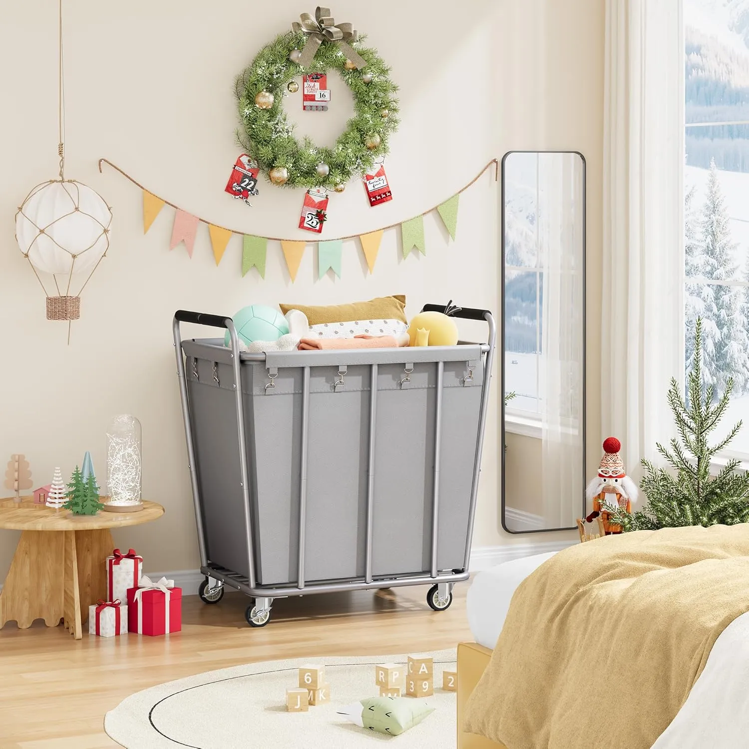 Hoctieon Large Laundry Cart with Wheels, 400L Heavy Duty Laundry Basket Organizer, Rolling Hamper Sorter for Clothes Storage, Industrial Dirty Clothes Hamper for Home & Hotel, Gray