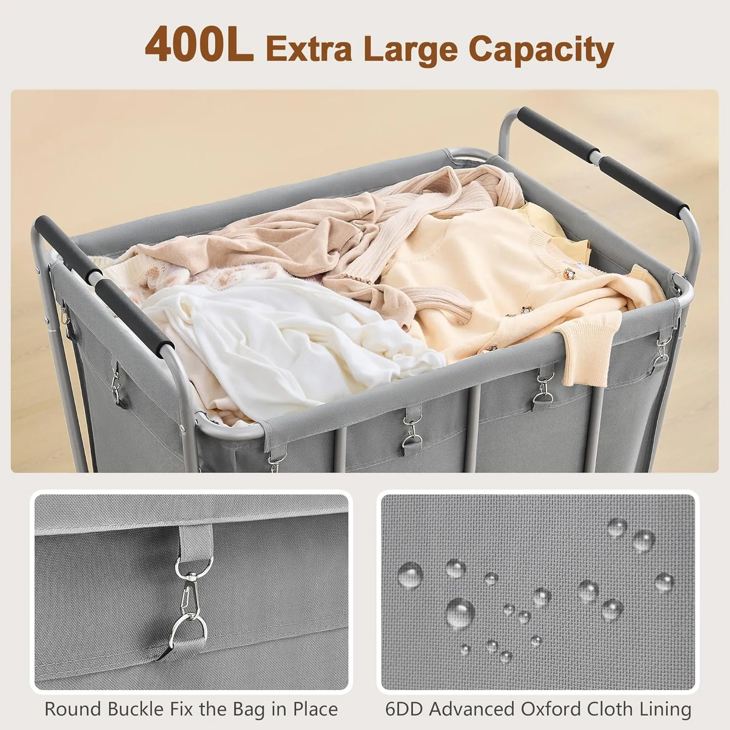 Hoctieon Large Laundry Cart with Wheels, 400L Heavy Duty Laundry Basket Organizer, Rolling Hamper Sorter for Clothes Storage, Industrial Dirty Clothes Hamper for Home & Hotel, Gray