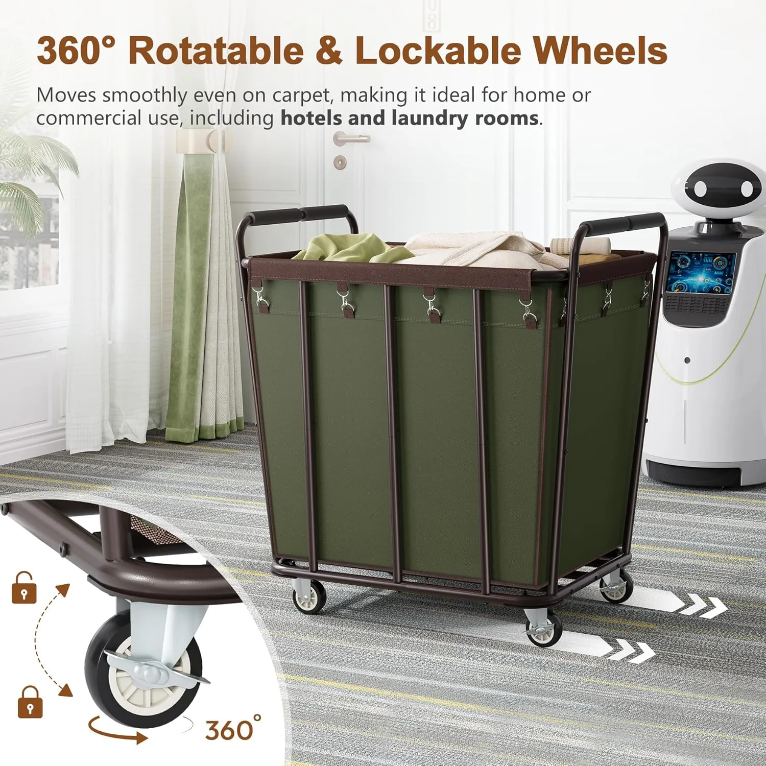 Hoctieon Large Laundry Cart with Wheels, 400L Heavy Duty Laundry Basket Organizer, Rolling Hamper Sorter for Clothes Storage, Industrial Dirty Clothes Hamper for Home & Hotel, Green Brown