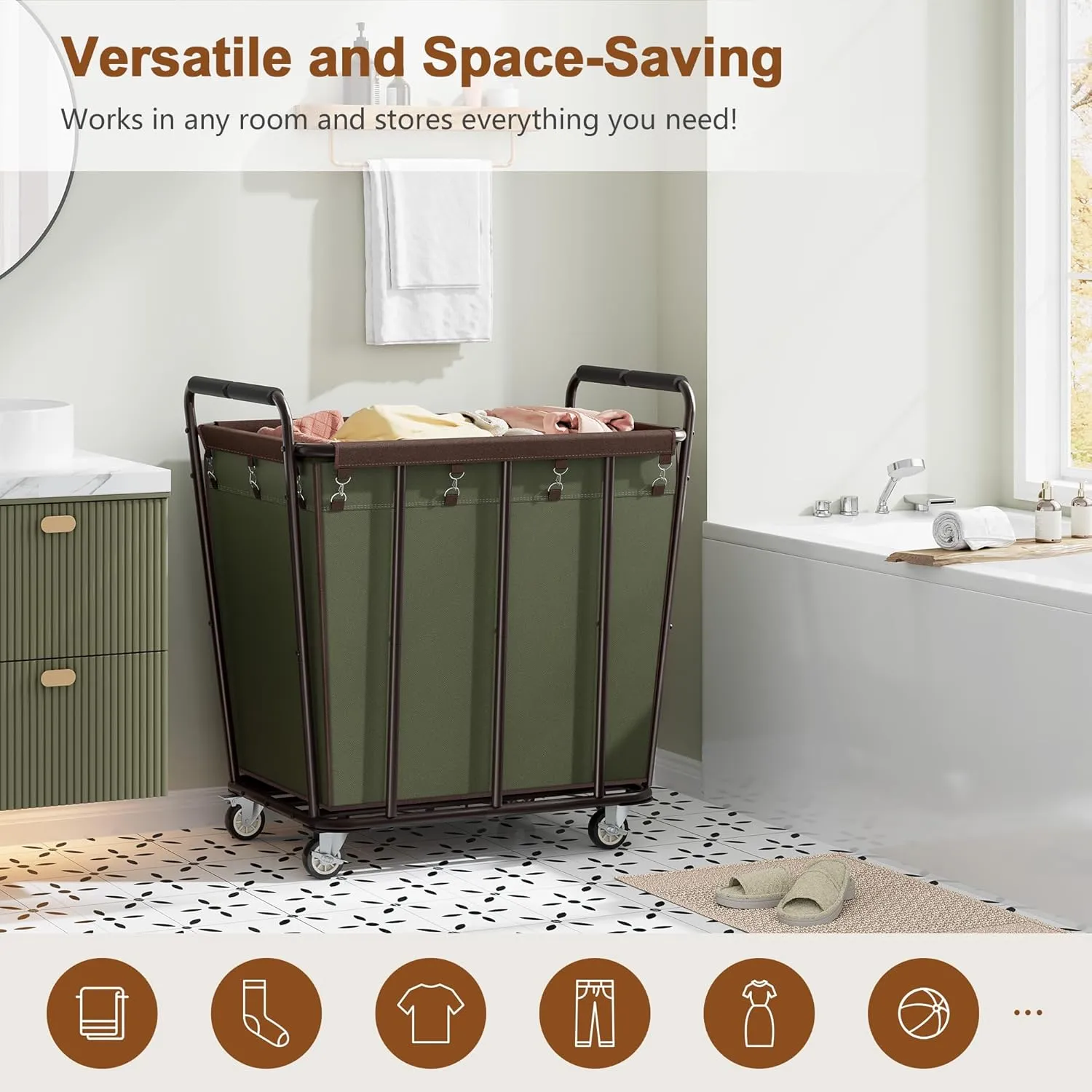 Hoctieon Large Laundry Cart with Wheels, 400L Heavy Duty Laundry Basket Organizer, Rolling Hamper Sorter for Clothes Storage, Industrial Dirty Clothes Hamper for Home & Hotel, Green Brown