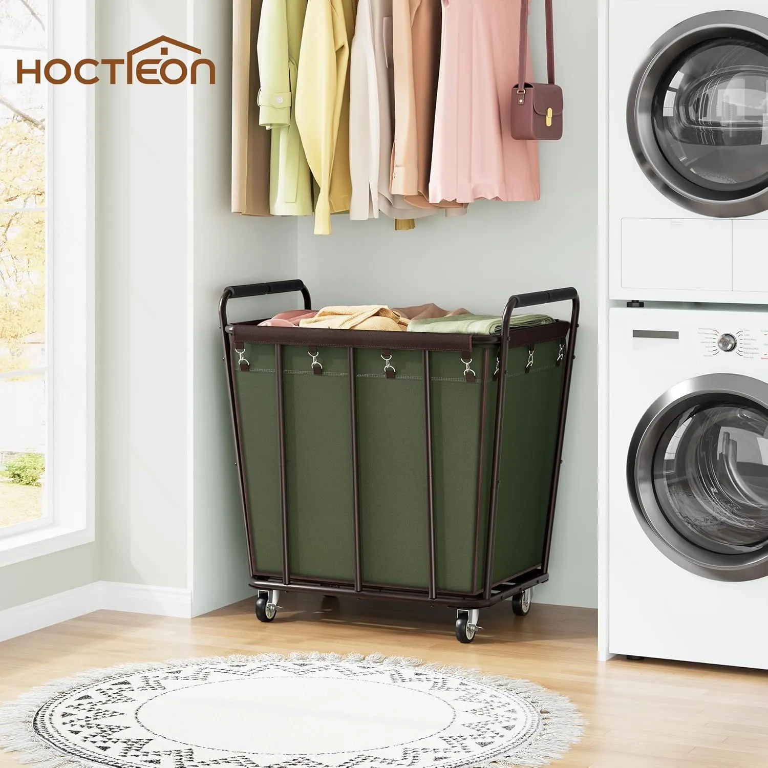 Hoctieon Large Laundry Cart with Wheels, 400L Heavy Duty Laundry Basket Organizer, Rolling Hamper Sorter for Clothes Storage, Industrial Dirty Clothes Hamper for Home & Hotel, Green Brown