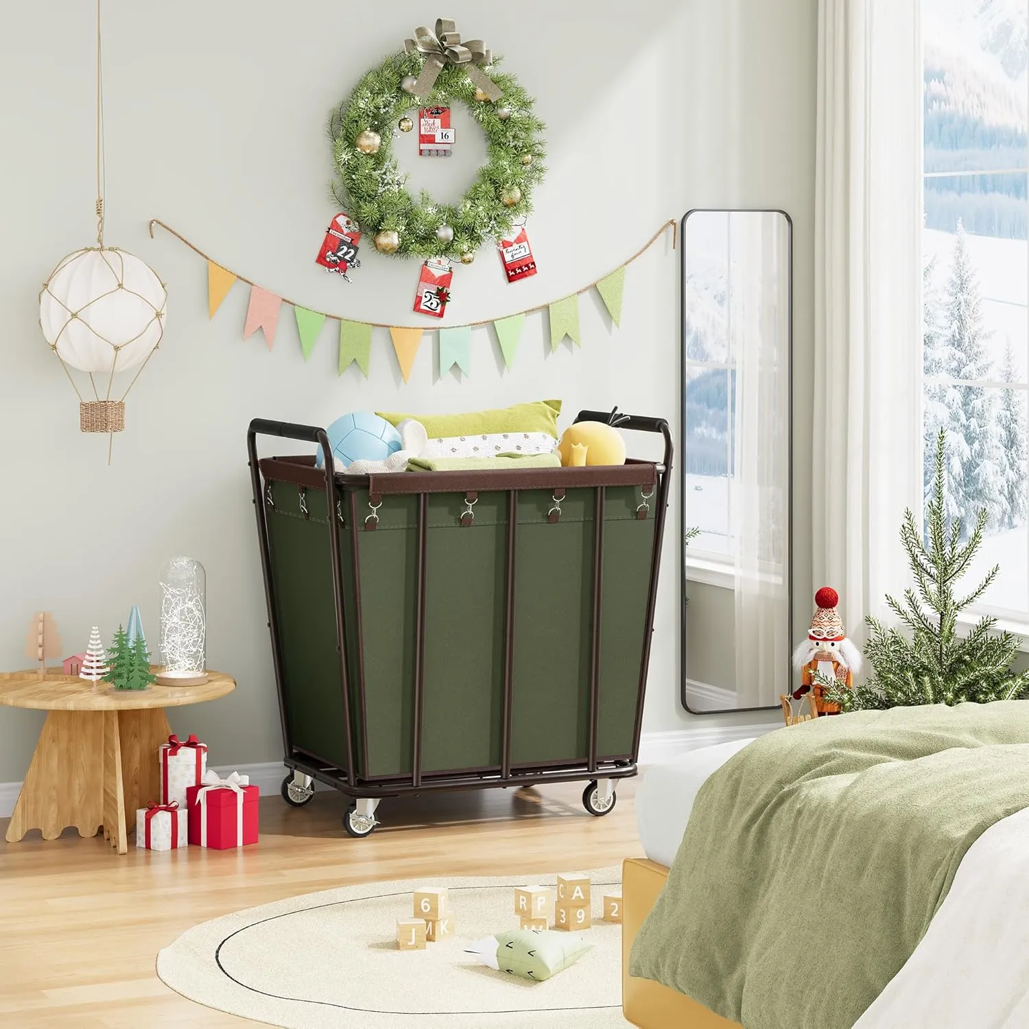 Hoctieon Large Laundry Cart with Wheels, 400L Heavy Duty Laundry Basket Organizer, Rolling Hamper Sorter for Clothes Storage, Industrial Dirty Clothes Hamper for Home & Hotel, Green Brown