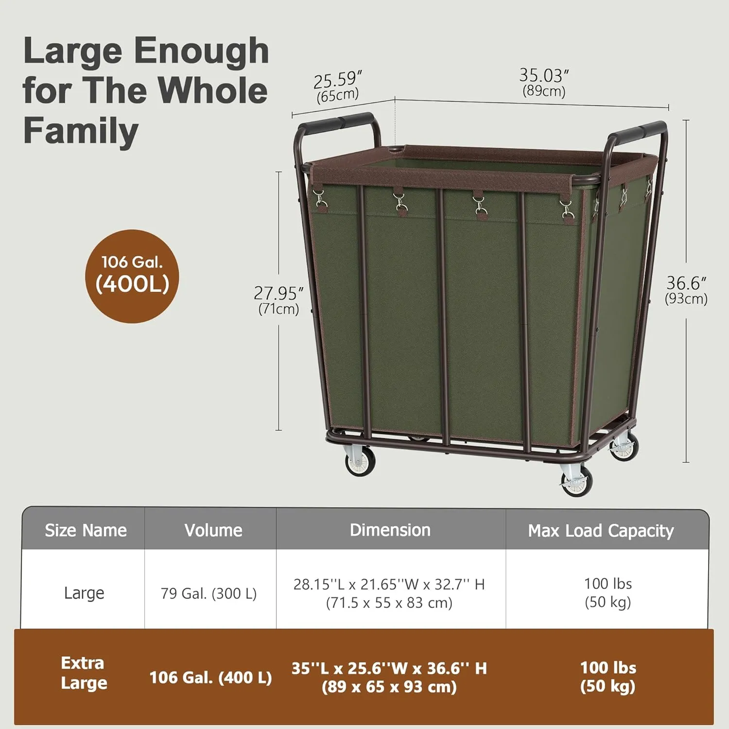 Hoctieon Large Laundry Cart with Wheels, 400L Heavy Duty Laundry Basket Organizer, Rolling Hamper Sorter for Clothes Storage, Industrial Dirty Clothes Hamper for Home & Hotel, Green Brown