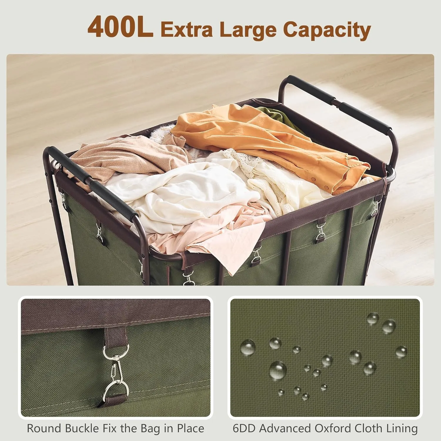 Hoctieon Large Laundry Cart with Wheels, 400L Heavy Duty Laundry Basket Organizer, Rolling Hamper Sorter for Clothes Storage, Industrial Dirty Clothes Hamper for Home & Hotel, Green Brown
