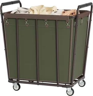 Hoctieon Large Laundry Cart with Wheels, 400L Heavy Duty Laundry Basket Organizer, Rolling Hamper Sorter for Clothes Storage, Industrial Dirty Clothes Hamper for Home & Hotel, Green Brown