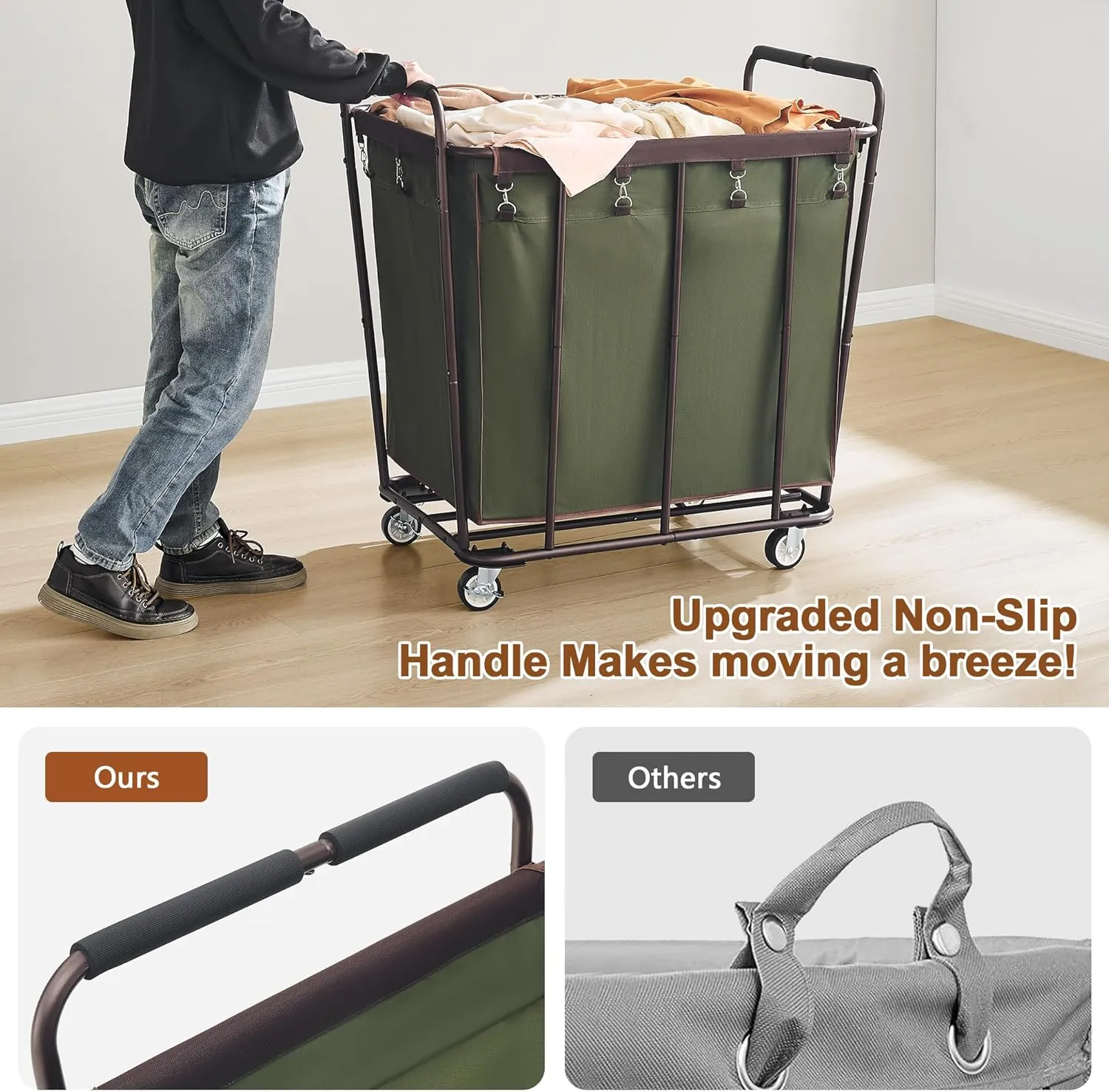 Hoctieon Large Laundry Cart with Wheels, 400L Heavy Duty Laundry Basket Organizer, Rolling Hamper Sorter for Clothes Storage, Industrial Dirty Clothes Hamper for Home & Hotel, Green Brown
