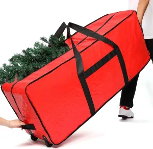 HOMEST Christmas Tree Storage Bag for 9 ft Artificial Trees, Max Part Length 60", Zippered Xmas Box with Reinforced Handles & Wheels, Red (Container Only)