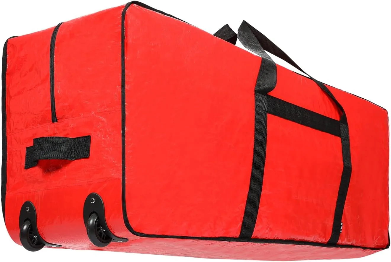 HOMEST Christmas Tree Storage Bag for 9 ft Artificial Trees, Max Part Length 60", Zippered Xmas Box with Reinforced Handles & Wheels, Red (Container Only)