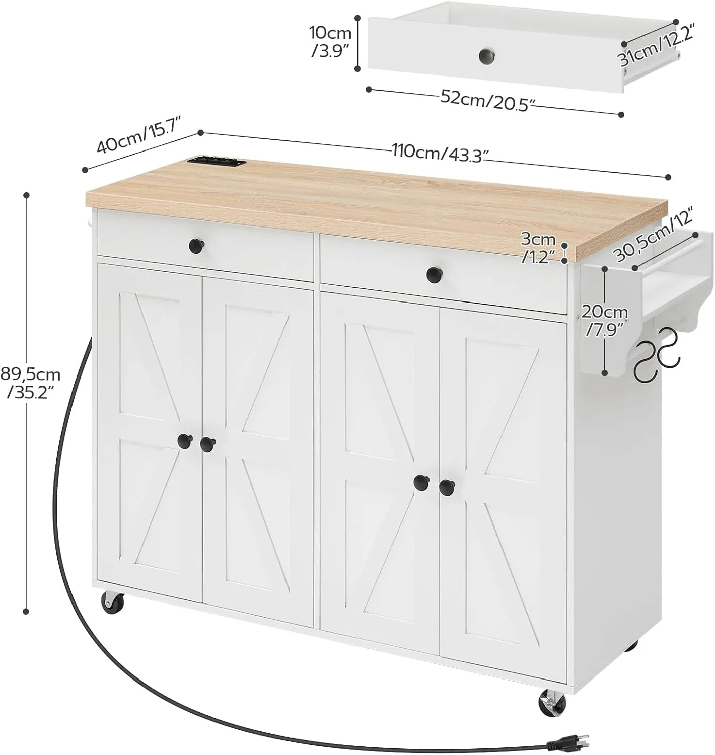 HOOBRO 43.3 Inch Kitchen Island with Charging Station, Rolling Kitchen Island with Storage, Rolling Cart with Spice Rack and Hooks, for Dining, Living Room, White and Natural WN11UZD01