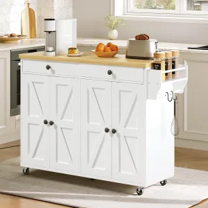 HOOBRO 43.3 Inch Kitchen Island with Charging Station, Rolling Kitchen Island with Storage, Rolling Cart with Spice Rack and Hooks, for Dining, Living Room, White and Natural WN11UZD01