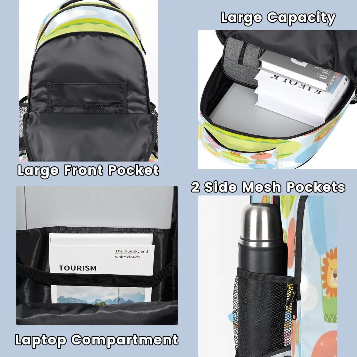 Hot Air Balloon Tiger Dog Laptop Backpack Lightweight College Backpack with Reflective Strip for Men Women Adult Casual Travel Hiking Gym Work Daypack
