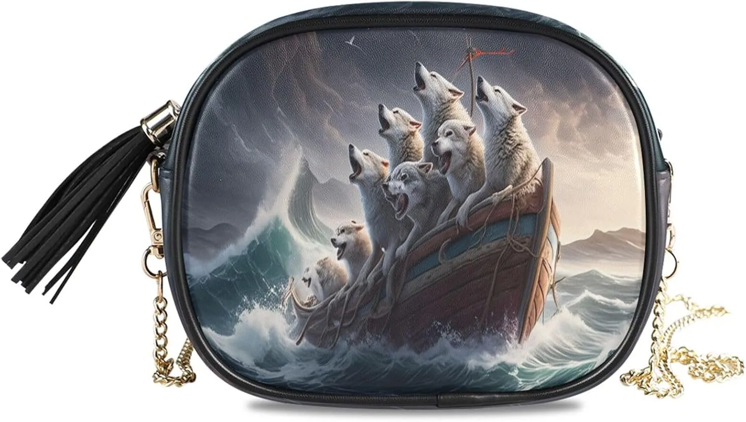 Howling Wolf Boat Crossbody Bags for Women Small Purses Crossbody Bag Purse Leather Handbags with Detachable Chain Cell Phone Purse Clutch Purses Evening Bag