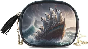 Howling Wolf Boat Crossbody Bags for Women Small Purses Crossbody Bag Purse Leather Handbags with Detachable Chain Cell Phone Purse Clutch Purses Evening Bag