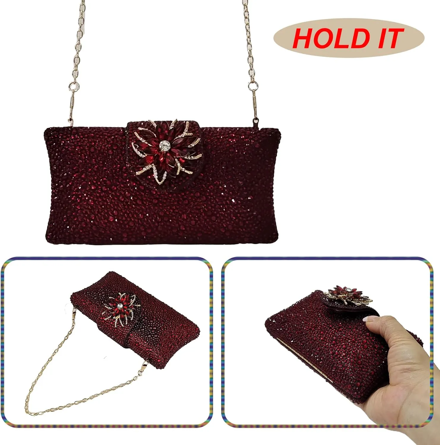HUANG ZHUANG Elegant Flower Clutch Solid Rhinestone Handbags For Women Evening Bag Party Purse Bridal Prom Bag
