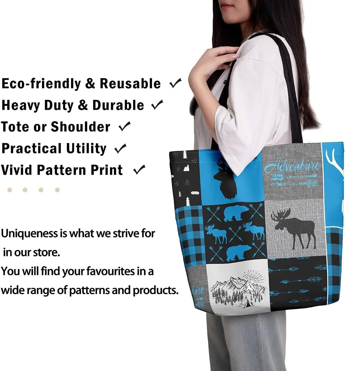 Hunting Bear Deer Canvas Tote Bag Camping Tote Bag Elk Animal Shopping Grocery Bags