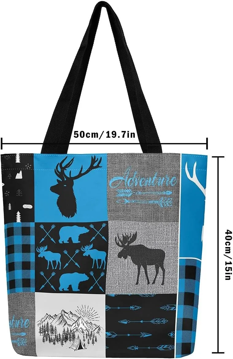Hunting Bear Deer Canvas Tote Bag Camping Tote Bag Elk Animal Shopping Grocery Bags
