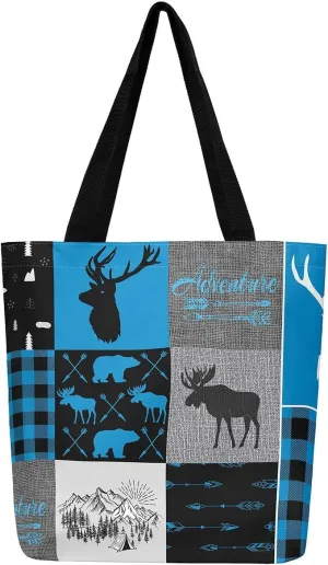 Hunting Bear Deer Canvas Tote Bag Camping Tote Bag Elk Animal Shopping Grocery Bags