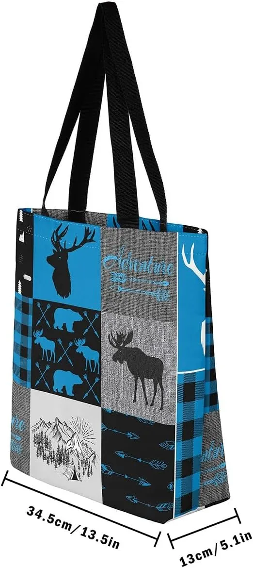 Hunting Bear Deer Canvas Tote Bag Camping Tote Bag Elk Animal Shopping Grocery Bags
