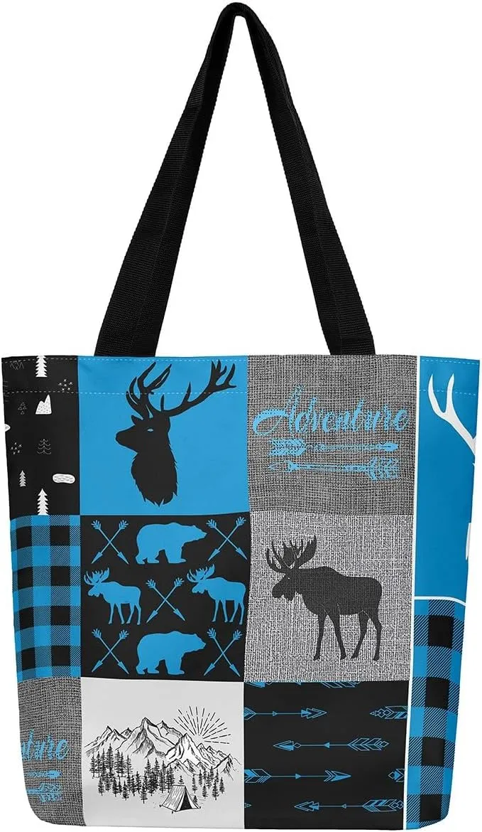 Hunting Bear Deer Canvas Tote Bag Camping Tote Bag Elk Animal Shopping Grocery Bags