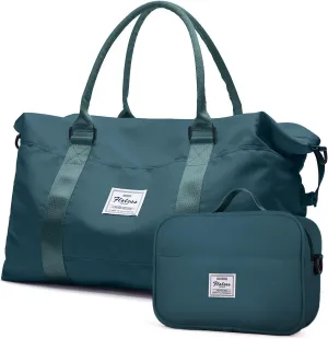 HYC00 Travel Duffel Bags for Women,Weekender Overnight Bag with Wet Pocket & Toiletry Bag,Carry On Personal Item Bag,Travel Tote Gym Bag,Peacock Blue,Large