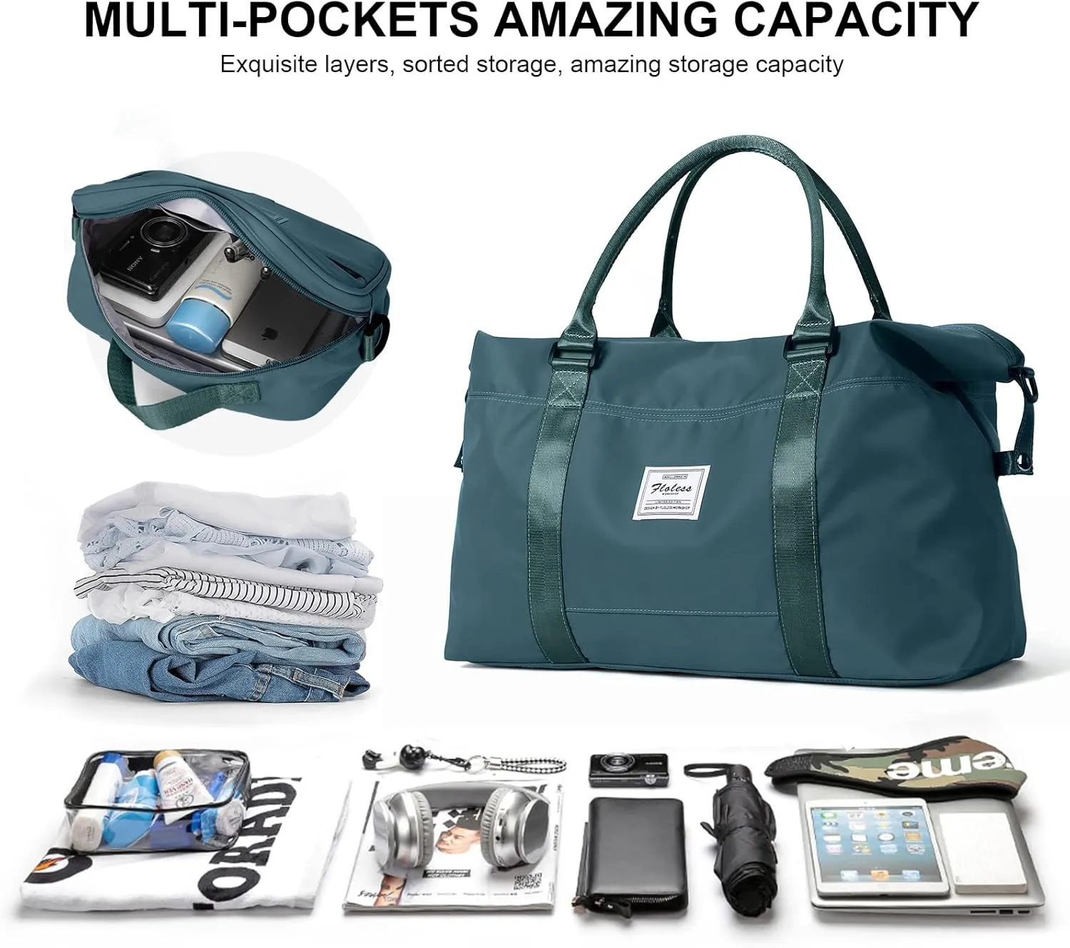 HYC00 Travel Duffel Bags for Women,Weekender Overnight Bag with Wet Pocket & Toiletry Bag,Carry On Personal Item Bag,Travel Tote Gym Bag,Peacock Blue,Large