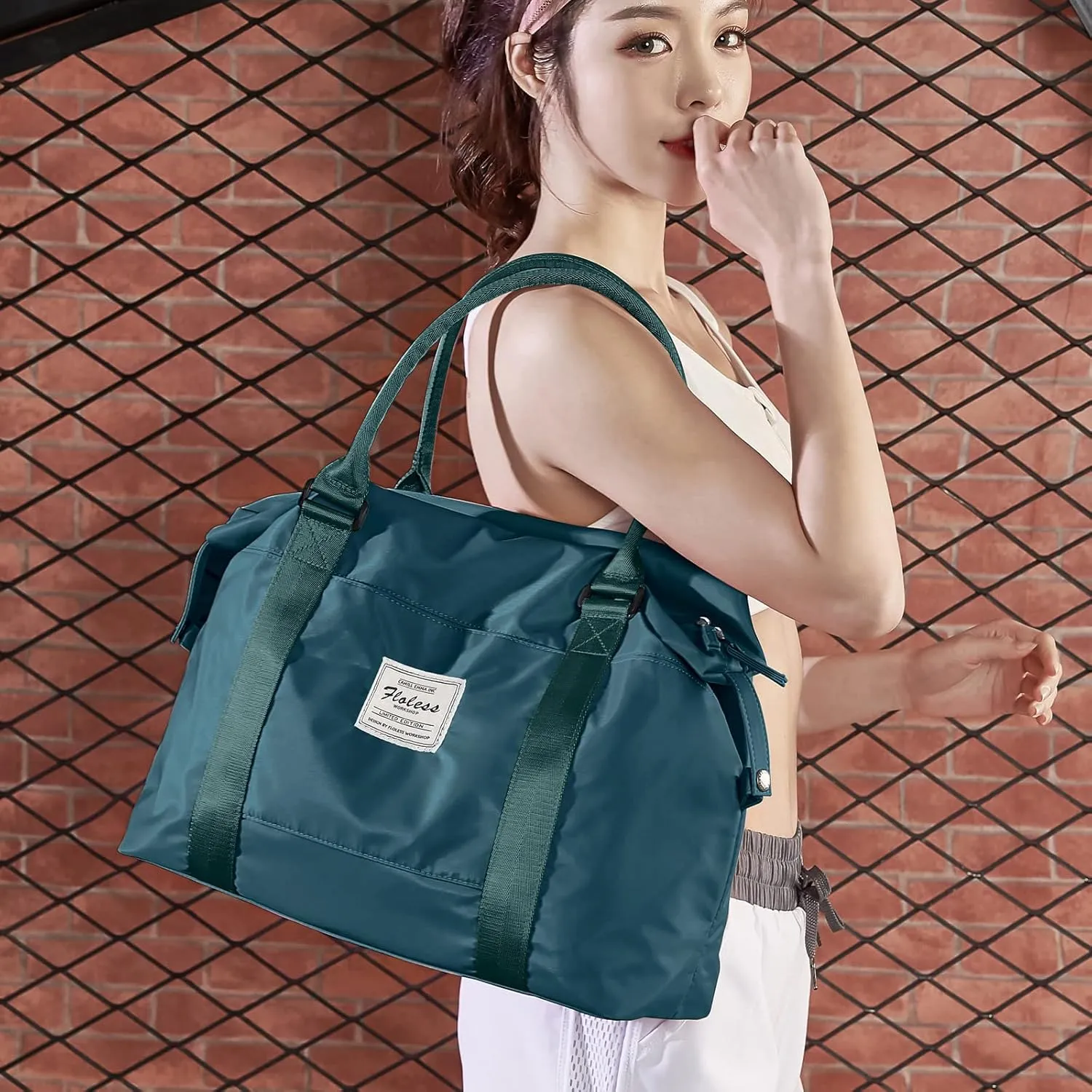 HYC00 Travel Duffel Bags for Women,Weekender Overnight Bag with Wet Pocket & Toiletry Bag,Carry On Personal Item Bag,Travel Tote Gym Bag,Peacock Blue,Large