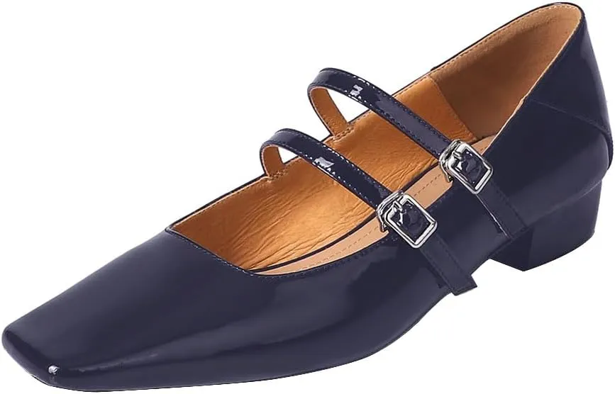 iadore Chic Women Square Toe Low Chunky Heel Shoes Straps with Buckle Fashion Patent Leather Daily Dress Pumps Size 5-12 US