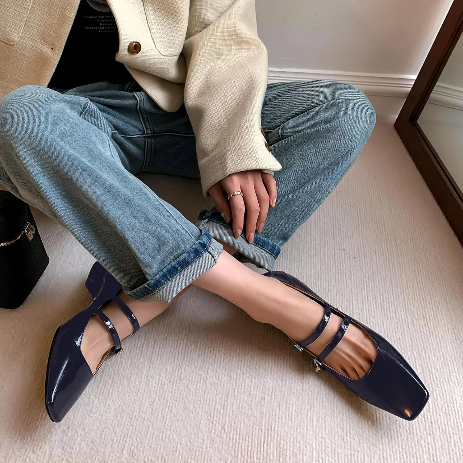iadore Chic Women Square Toe Low Chunky Heel Shoes Straps with Buckle Fashion Patent Leather Daily Dress Pumps Size 5-12 US