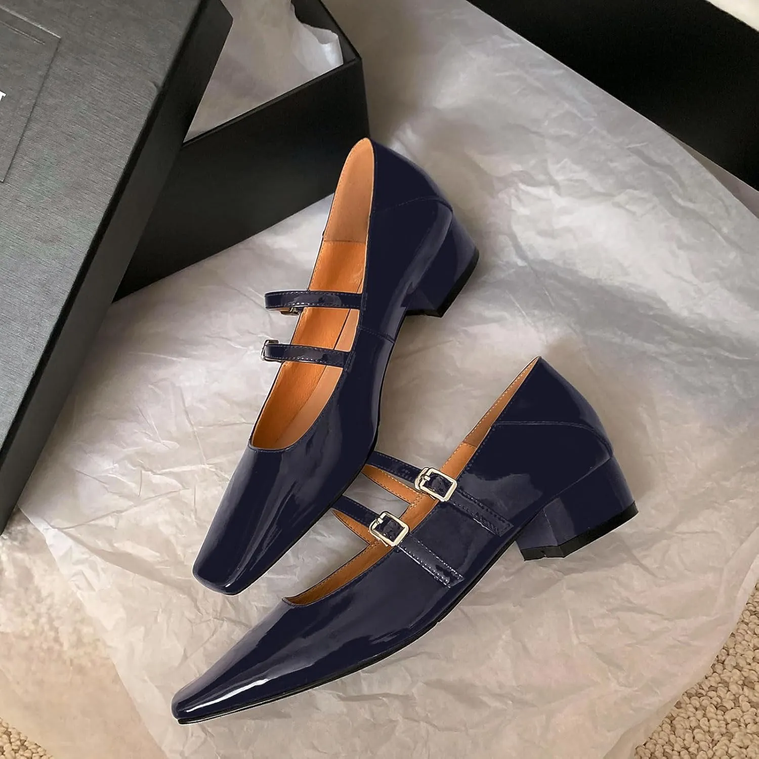iadore Chic Women Square Toe Low Chunky Heel Shoes Straps with Buckle Fashion Patent Leather Daily Dress Pumps Size 5-12 US