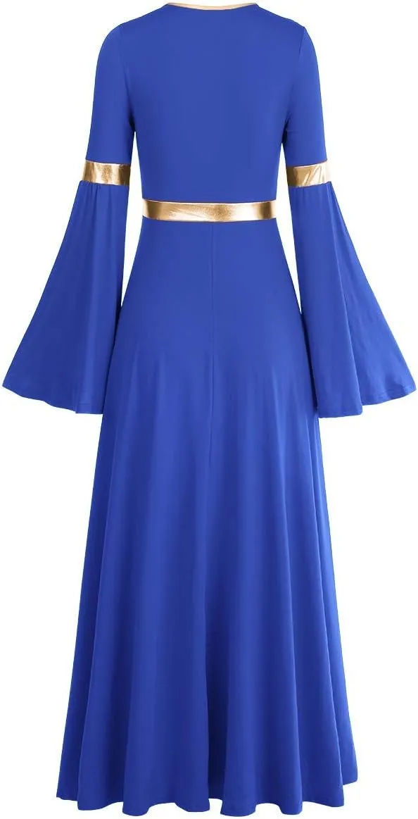 IBAKOM Praise Liturgical Dance Costume for Women Loose Fit Full Length Metallic Gold V-Neck Worship Long Dress Dancewear