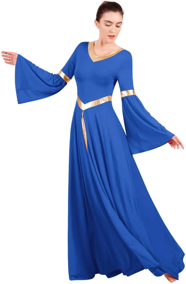IBAKOM Praise Liturgical Dance Costume for Women Loose Fit Full Length Metallic Gold V-Neck Worship Long Dress Dancewear