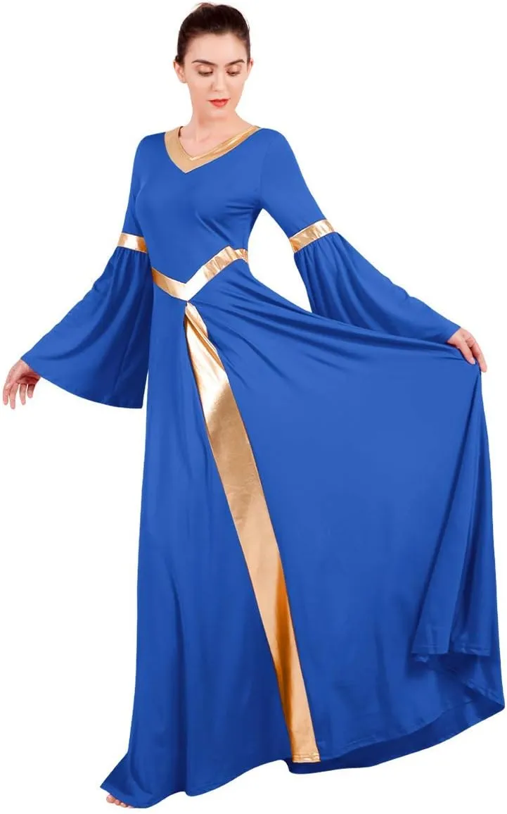 IBAKOM Praise Liturgical Dance Costume for Women Loose Fit Full Length Metallic Gold V-Neck Worship Long Dress Dancewear
