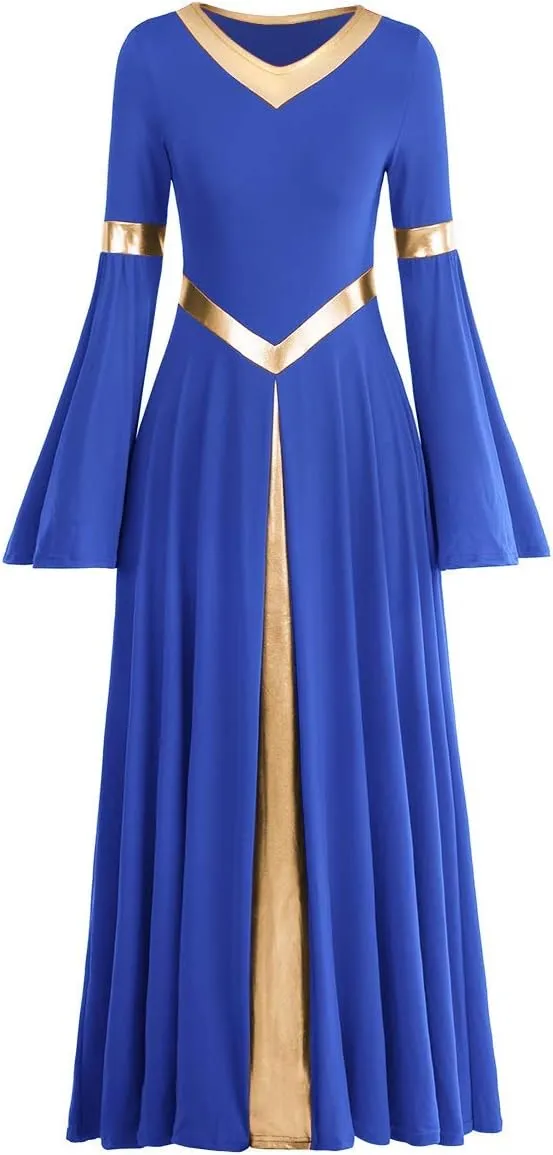 IBAKOM Praise Liturgical Dance Costume for Women Loose Fit Full Length Metallic Gold V-Neck Worship Long Dress Dancewear