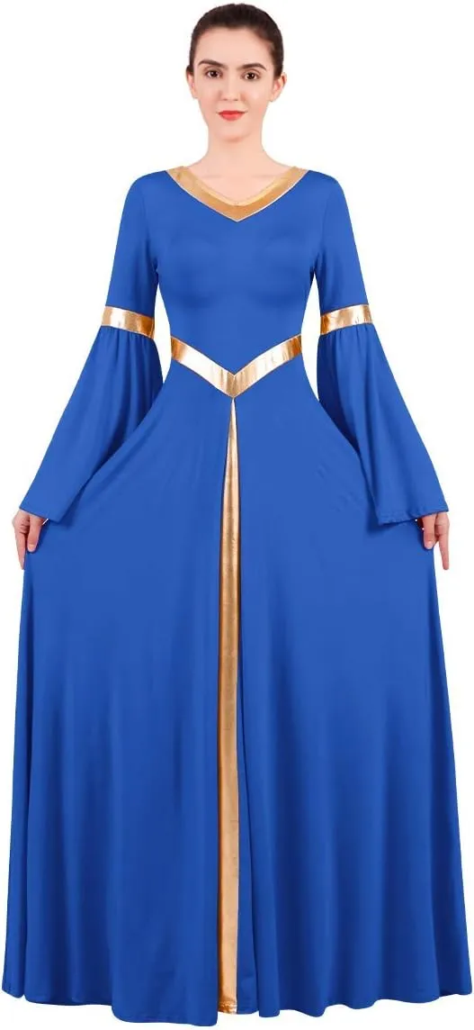 IBAKOM Praise Liturgical Dance Costume for Women Loose Fit Full Length Metallic Gold V-Neck Worship Long Dress Dancewear