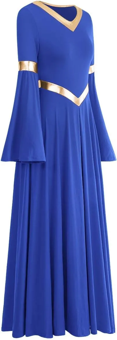 IBAKOM Praise Liturgical Dance Costume for Women Loose Fit Full Length Metallic Gold V-Neck Worship Long Dress Dancewear
