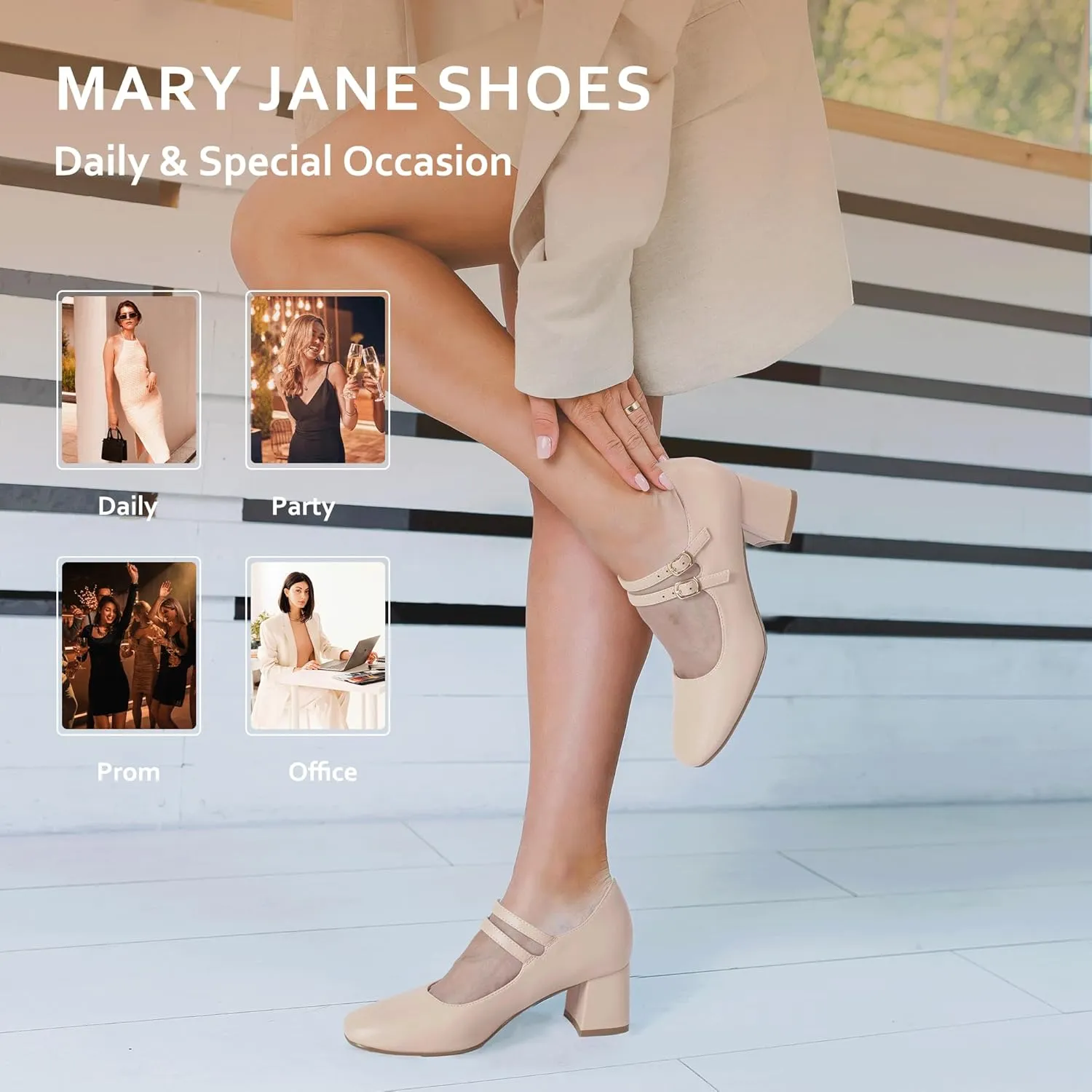 IDIFU IN2 Mary Jane Shoes Women Dress Shoes Women's Pumps Chunky Low Block Heels Square Closed Toe Strappy Wedding Business Bride Comfortable Short Graduation Two Strap Cute Vintage Heels Pumps Shoes