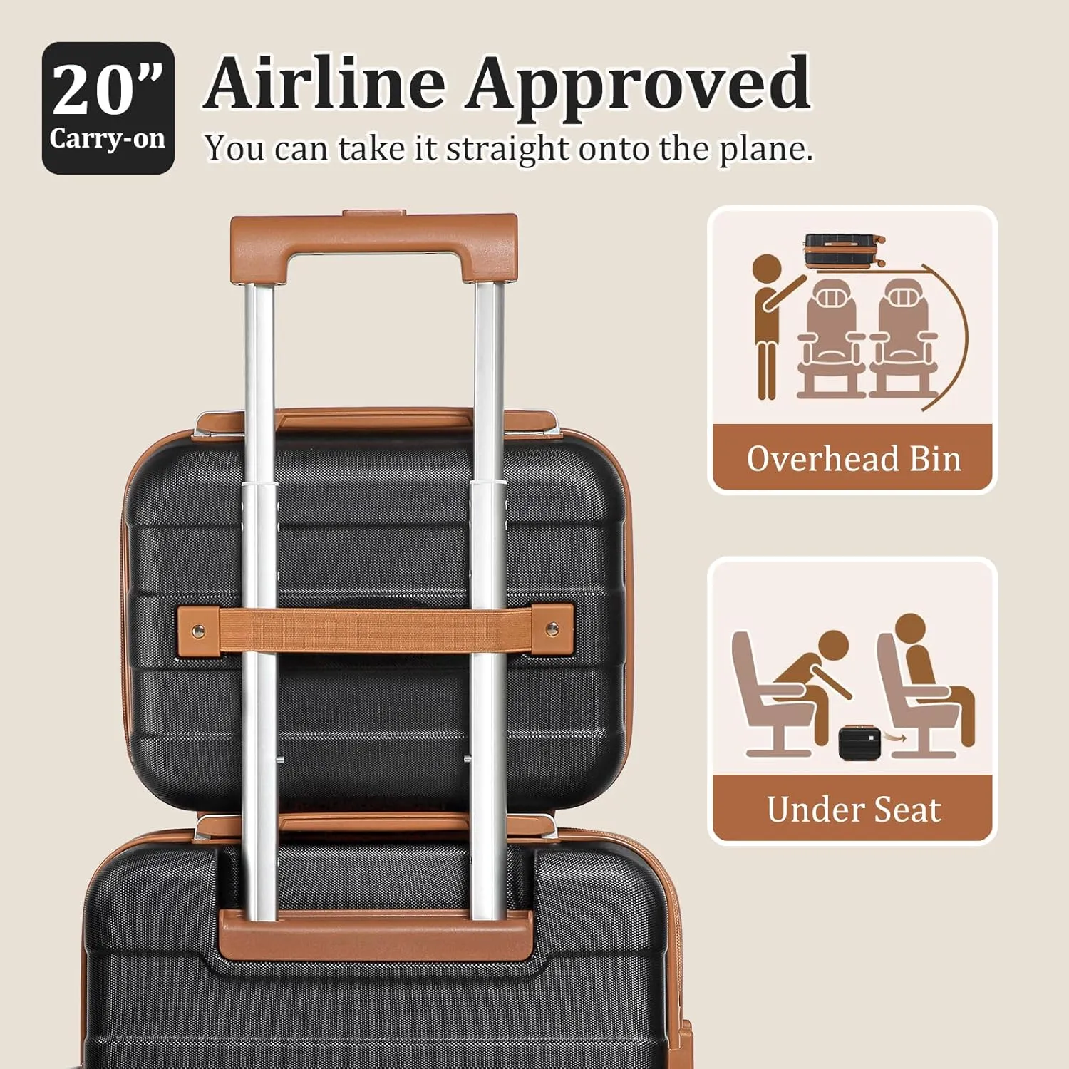 imiomo Carry on Luggage Airline Approved, Lightweight Hard Shell Carry-on Suitcase, 20 Inch Travel Luggage with Spinner Wheels and USB Port, Black Brown
